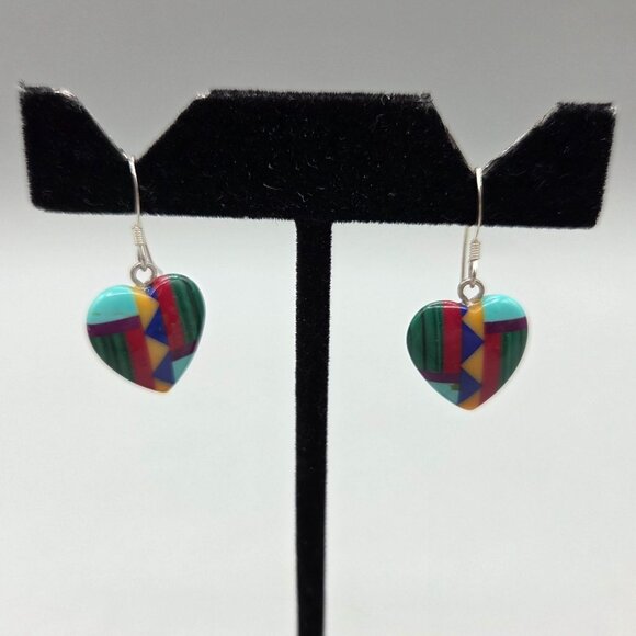 Sterling Silver Stone Inlay Heart Shape Dangle Earrings Turquoise Malachite - Picture 3 of 4